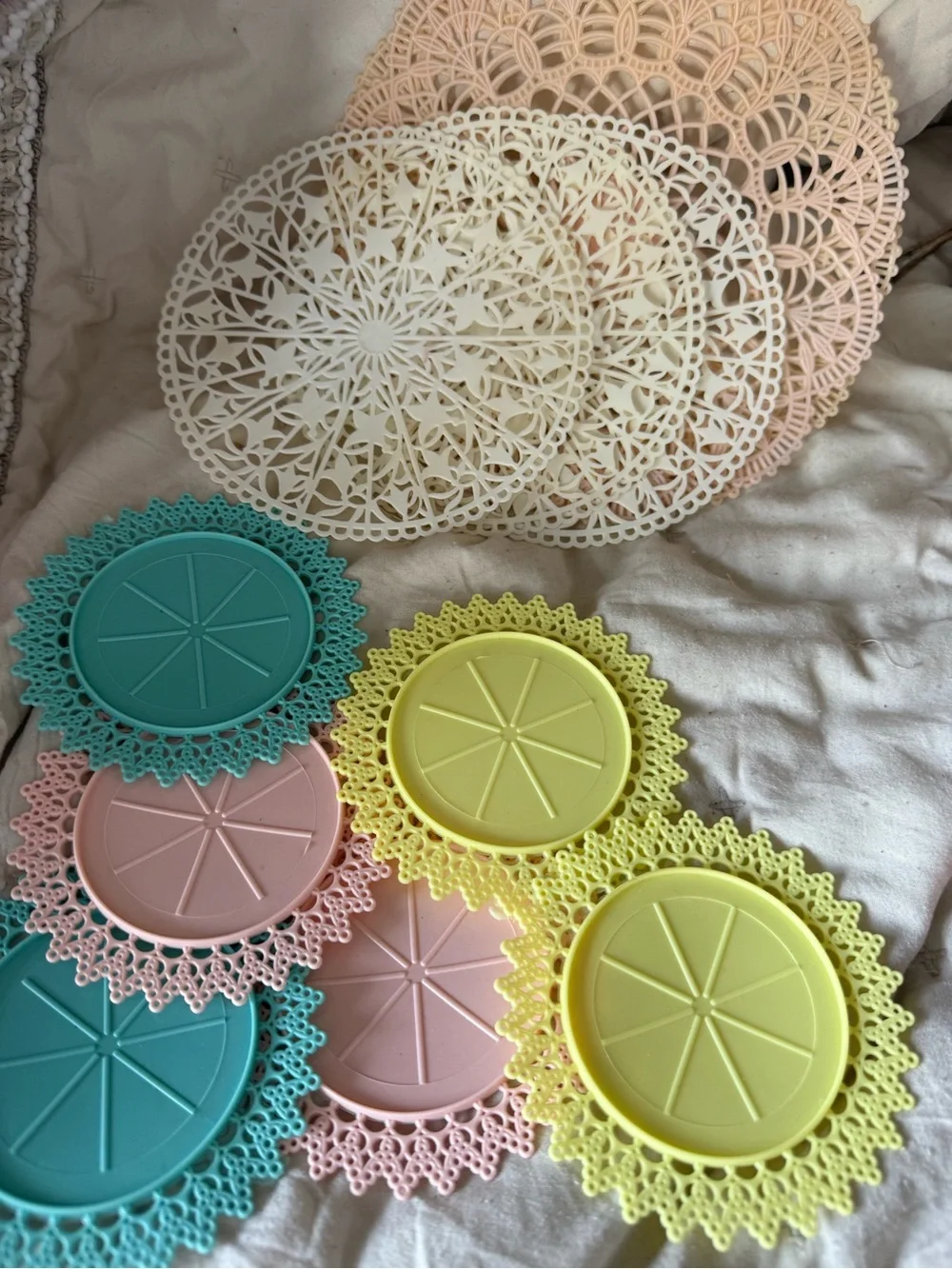 Vintage Pastel Plastic Lace Doilies Placemats Coasters Mixed Set
